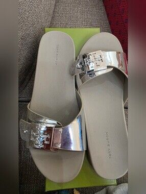 Tory Burch Buckle Slide Silver Metallic Logo  Sandals